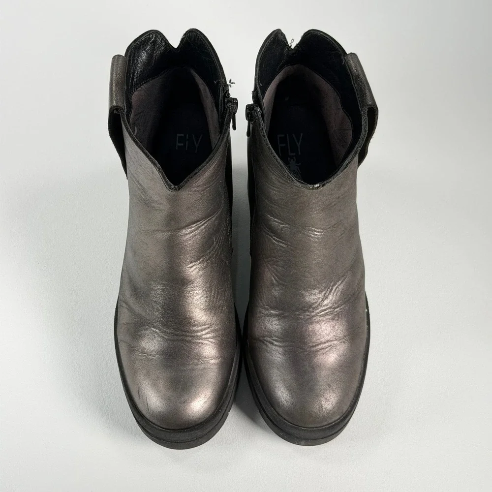 Fly London Tetly Platform Ankle Boots Womens 38 Pewter Metallic Leather Wedge